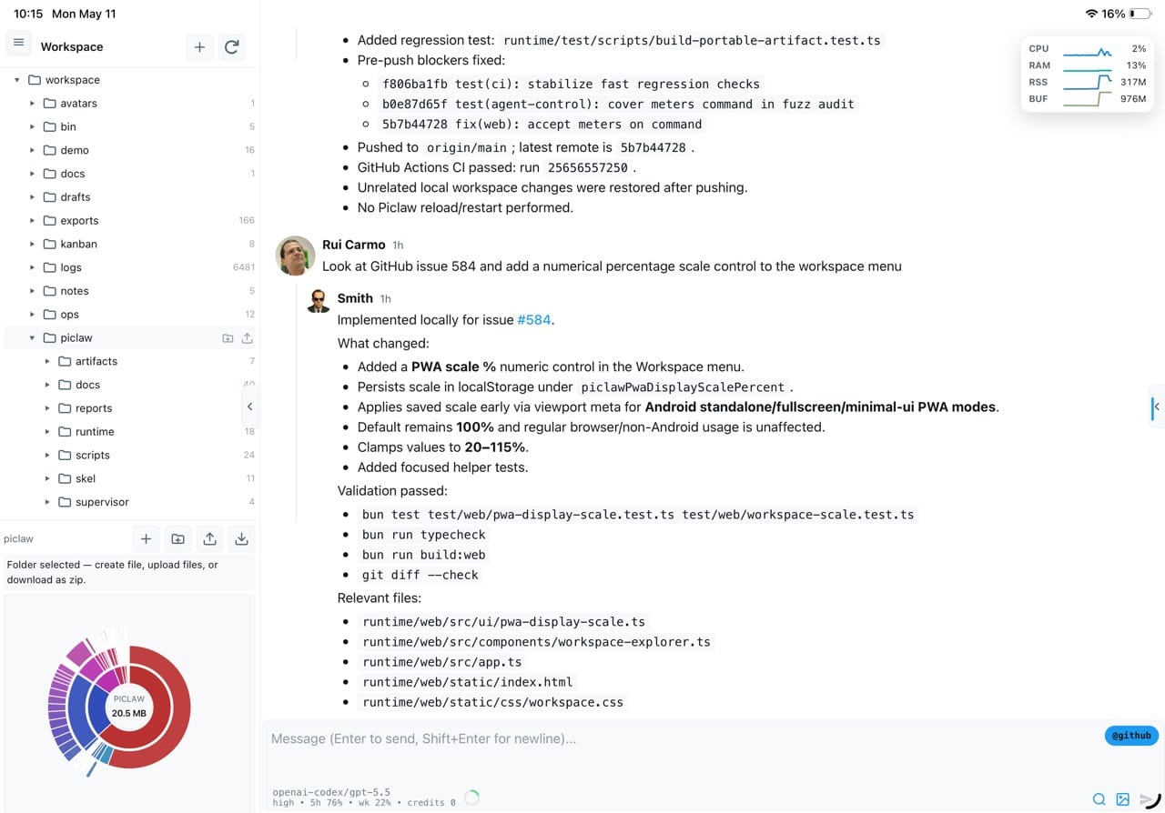 Workspace tree + disk usage
