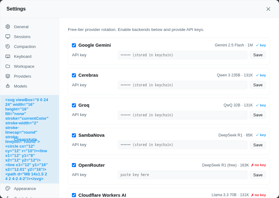 Cheapskate settings pane on the microVM test instance