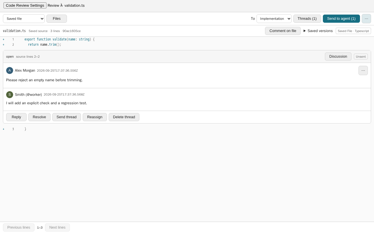 Code Review showing named authors, avatars and inline discussion