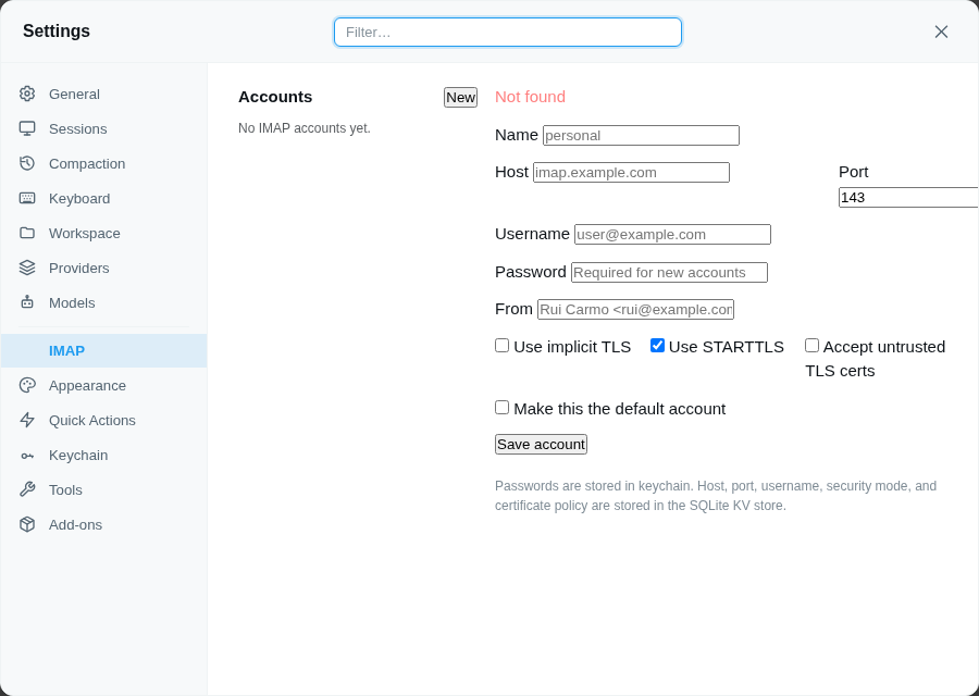 IMAP settings pane on the microVM test instance