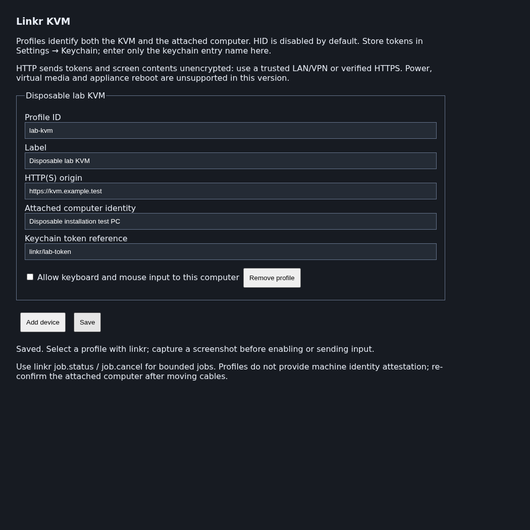 Linkr Settings with disposable example values