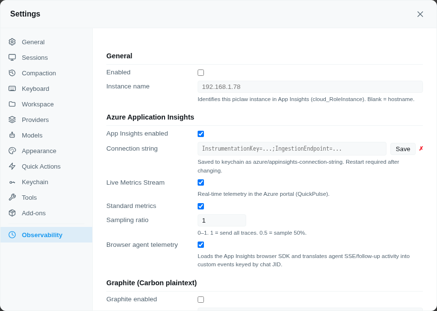 Observability settings pane on the microVM test instance