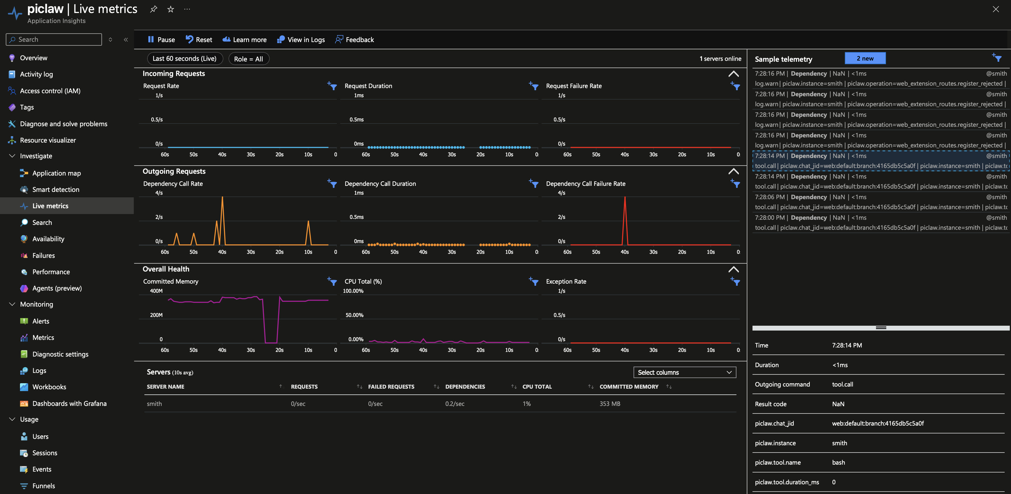 Azure App Insights Live Metrics example