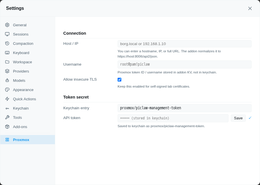 Proxmox settings pane on the microVM test instance