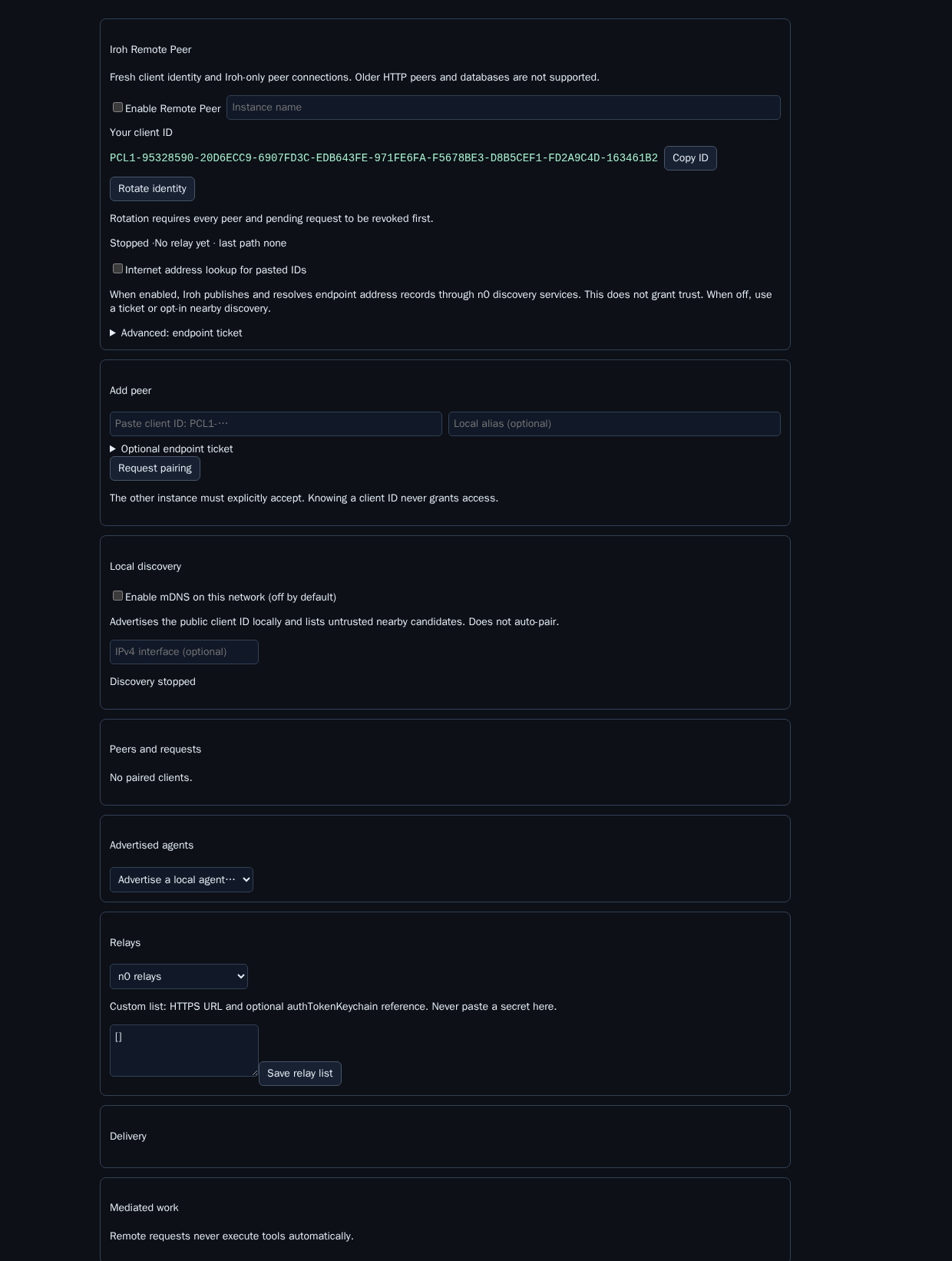 Fresh Remote Peer Settings with client ID and discovery off