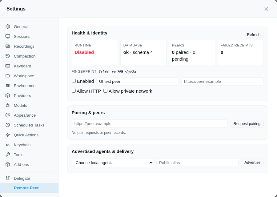Remote Peer Settings pane
