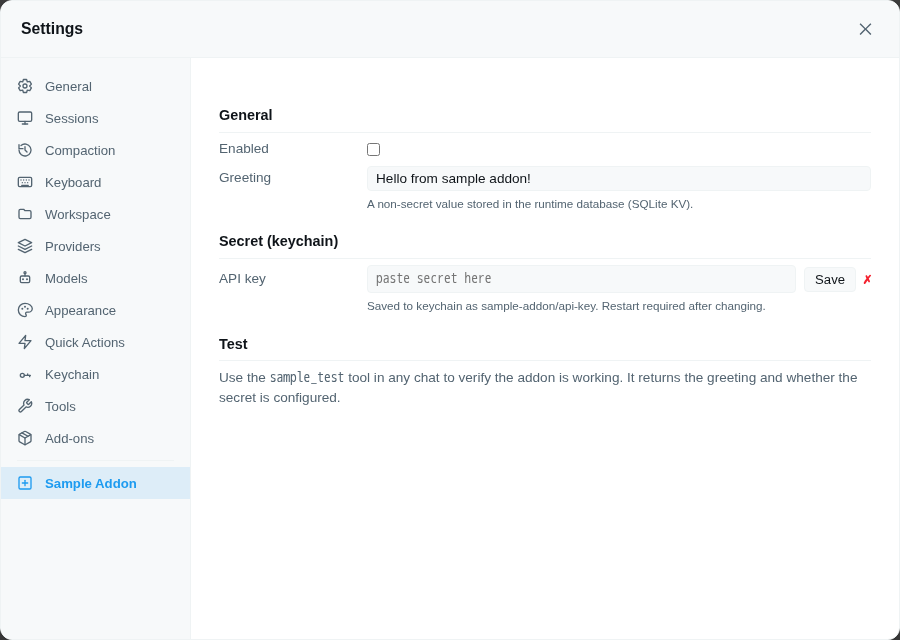 Sample Addon settings pane on a test instance